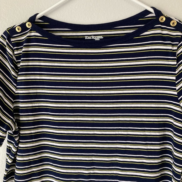 Kim Rogers Striped Knit Short Sleeve Shirt Size Medium Petite Gold Button Pocket - Picture 3 of 7